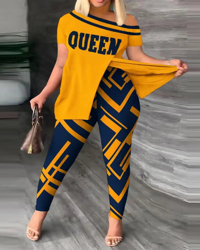 Elegant Women Two Piece Set Suits New Fashion Printed Ruffle Sleeve Top Solid Color Pants Set With Belt Blouses Female Clothing - She Vibess By C2P
