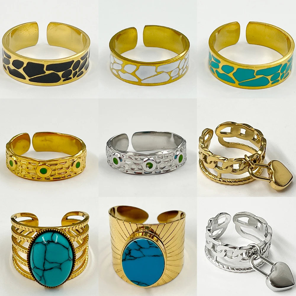 Stainless Steel Rings Open Rings For Women Rings Wide Ring Colorful Geometry Chain Female Rings Jewelry Party Gift Wholesale - She Vibess By C2P