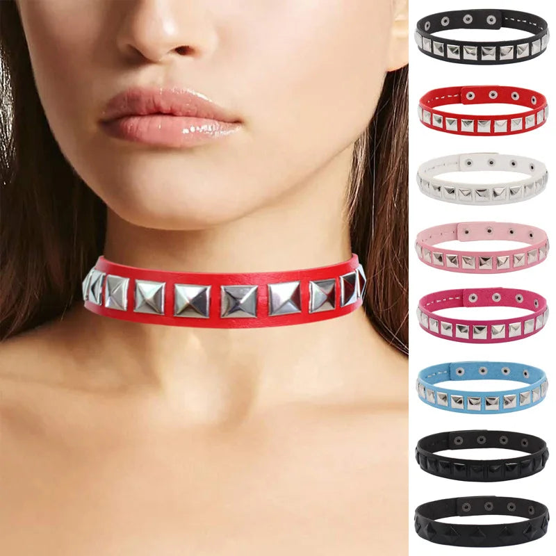 Anime Punk Rock Black Leather Choker Square Rivet Stud Collar Necklace For Women Men Girls Gothic Jewelry Cosplay Gift - She Vibess By C2P