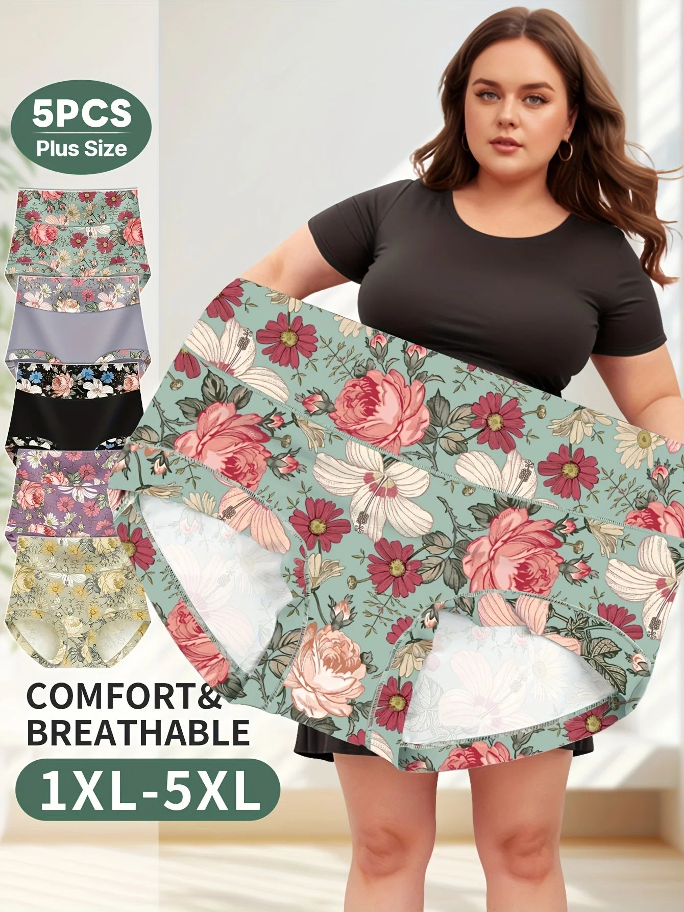 5-Pack Plus Size Panties for Women Ladies Multi Color Panties Underwear Breathable Wholesale High Waist Printed Underwear - She Vibess By C2P