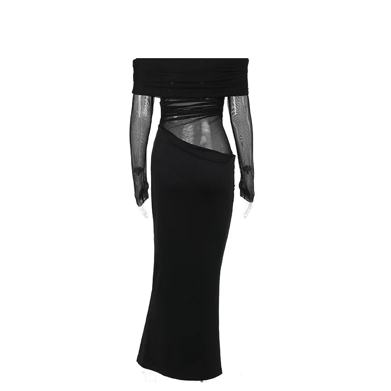 Y2k Summer New Solid Color Long Sleeve Off Shoulder Dresses Sexy Wrap Hip Mesh See Through Ruched Patchwork Long Dress 2024 New - She Vibess By C2P
