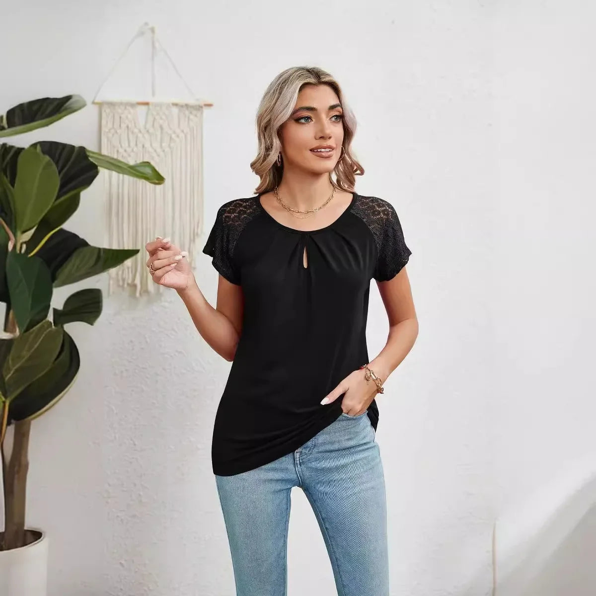 2025 New Women Summer Top Solid Round Neck Lace Patchwork Short Sleeved T-shirt Top Casual Tops Unique Tees Women's Clothing - She Vibess By C2P