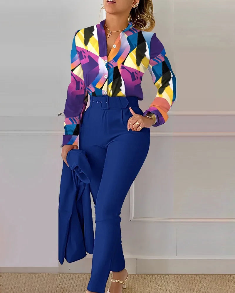 Autumn Winter Stand Neck Floral Print Long Sleeve Shirt Pants Two Piece Sets Elegant Women Casual Shirt Trousers Suits With Belt - She Vibess By C2P