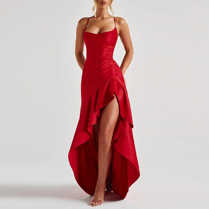 Sexy Slash Neck Slim Ruffle Banquet Dress Women Spring Backless Lace-up Long Irregular Dress Summer Sleeveless Hollow Maxi Dress - She Vibess By C2P