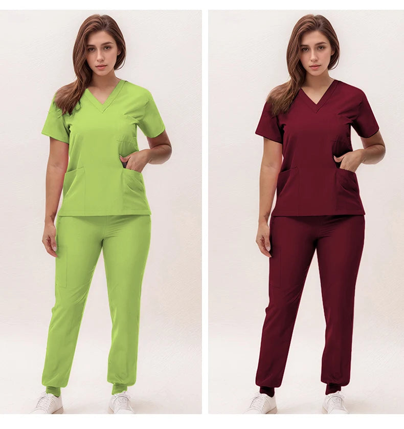 2025 New Nurse Uniforms V-neck Top Jogger Pants Scrub Sets Surgical Workwear Dentist Nursing Suit Hospital Doctor Outfit S21 - She Vibess By C2P