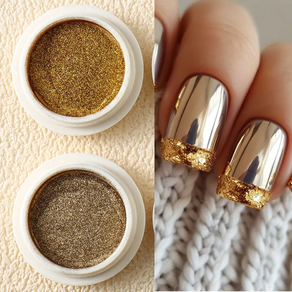 6pc Gold Metallic Mirror Glitter Nail Art Dust Rose Gold Silver Powder UV Gel Polish Chrome Rubbing Pigment Flake Manicure Decor - She Vibess By C2P