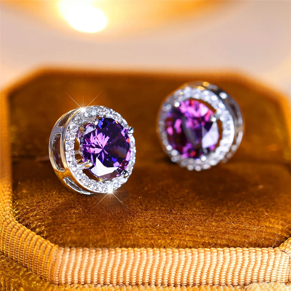 Luxury Female Crystal Purple Blue Green Round Stud Earrings Silver Color Wedding Jewelry For Women - She Vibess By C2P