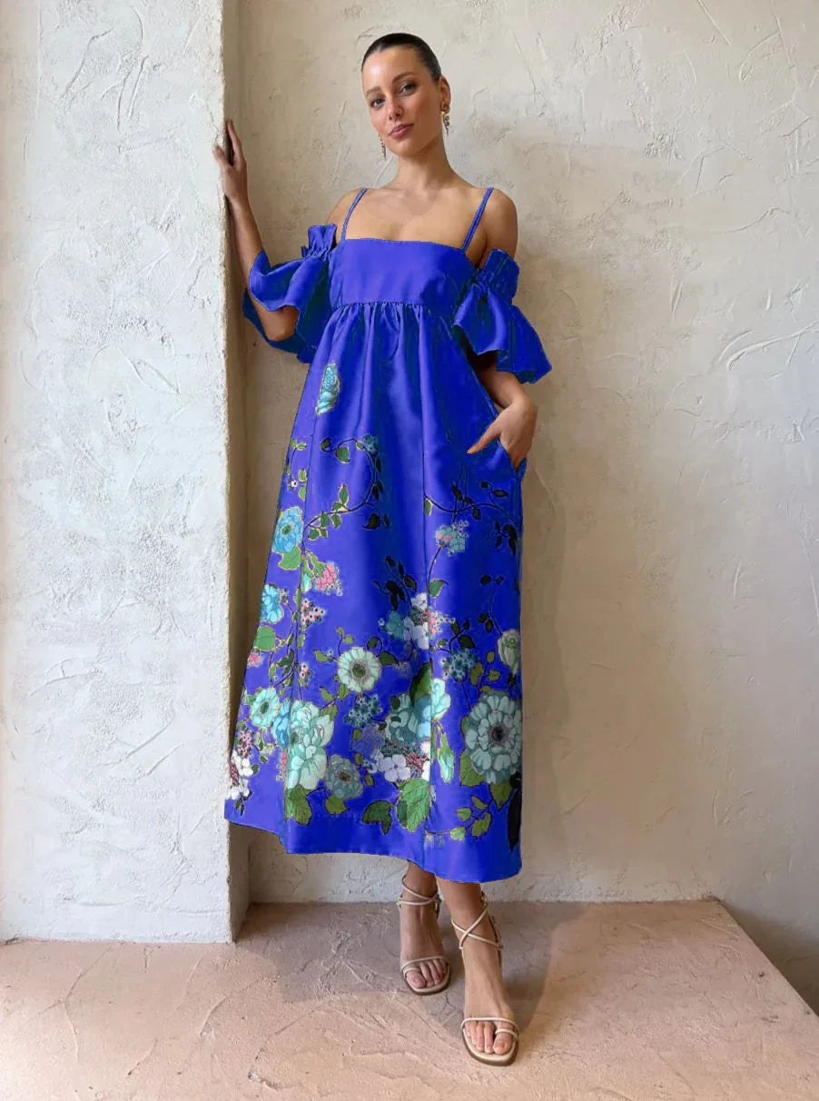SoleVibe™ 2024 One-Shoulder Vintage Print Dress – Sexy Halter, Hidden Pockets, and Elegant Summer Party Vibes - She Vibess By C2P