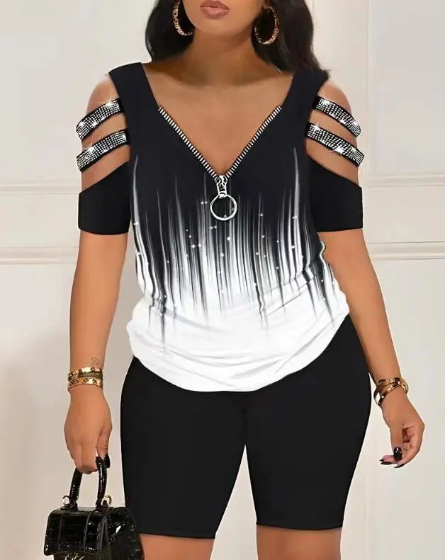 2023Summer European and American Fashion Positioning Printing Short-Sleeved Women's CasualVCollar Zipper Top and Shorts Two-Piec - She Vibess By C2P