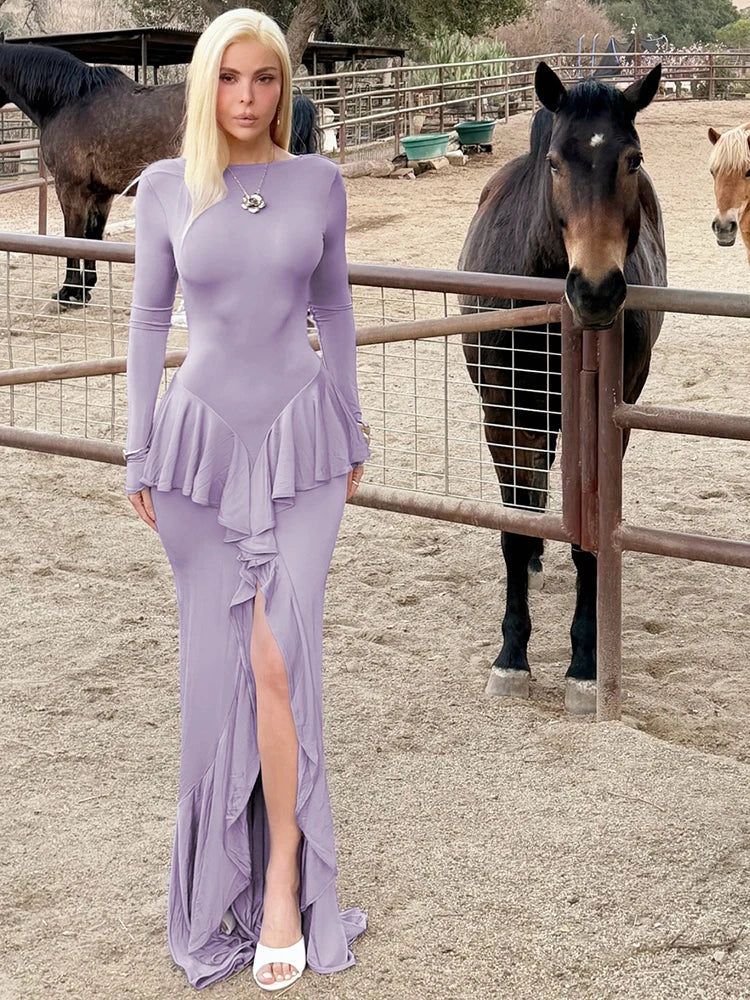Mozision Backless Ruffled Sexy Maxi Dress For Women Gown Fashion O Neck Long Sleeve Thigh High Split Evening Long Dress Elegant - She Vibess By C2P