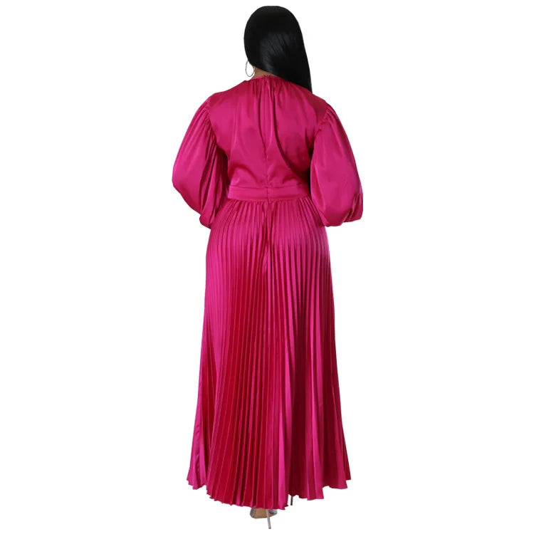 2024 Spring Pleated Loose Fit Maxi Dresses Women Solid Ruched Lantern Sleeve Party Evening Wedding Long Dress Women - She Vibess By C2P