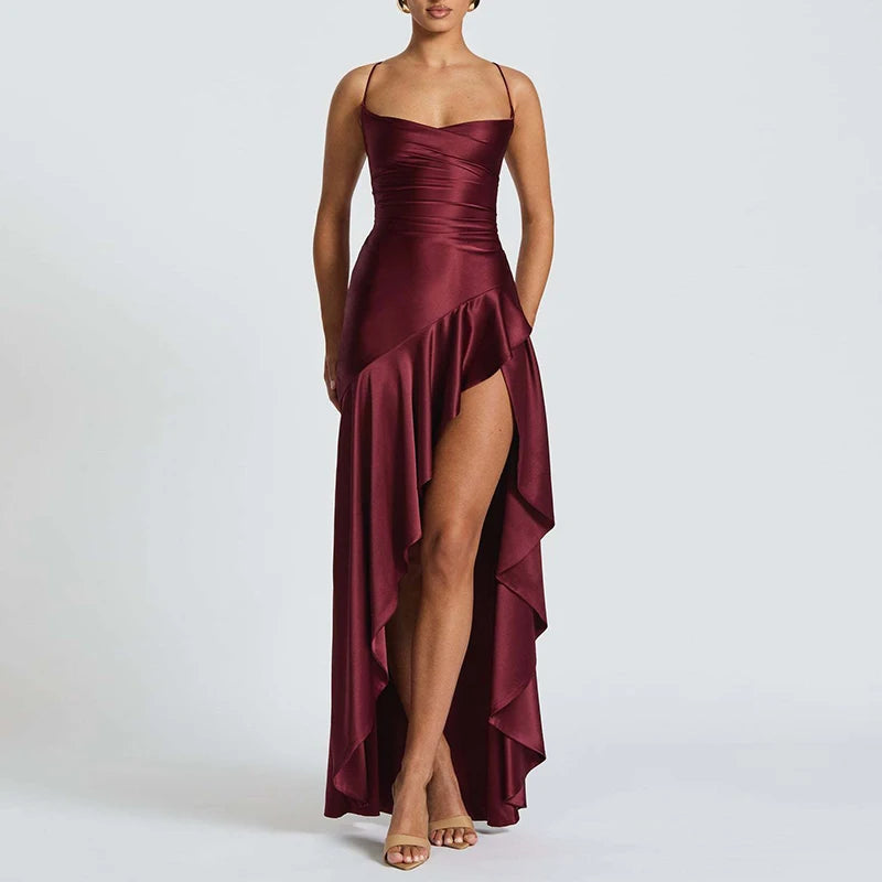 Sexy Slash Neck Slim Ruffle Banquet Dress Women Spring Backless Lace-up Long Irregular Dress Summer Sleeveless Hollow Maxi Dress - She Vibess By C2P
