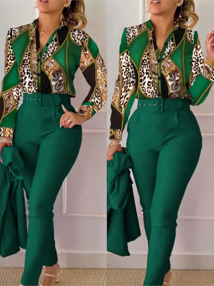 Autumn Winter Stand Neck Floral Print Long Sleeve Shirt Pants Two Piece Sets Elegant Women Casual Shirt Trousers Suits With Belt - She Vibess By C2P