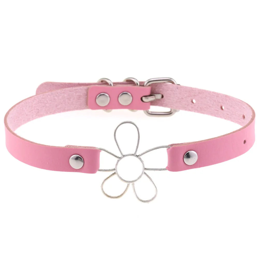 DIEZI Harajuku Pink PU Leather Star Heart Flower Choker Necklace Torques For Women Men Gothic Pink PU Leather -I’m Over 21 - She Vibess By C2P