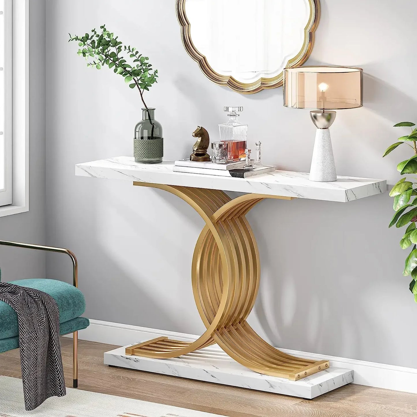 Tribesigns Gold Entryway Table, Modern 39-Inch Console Faux Marble Narrow Wood Sofa with Geometric Metal Legs - She Vibess By C2P