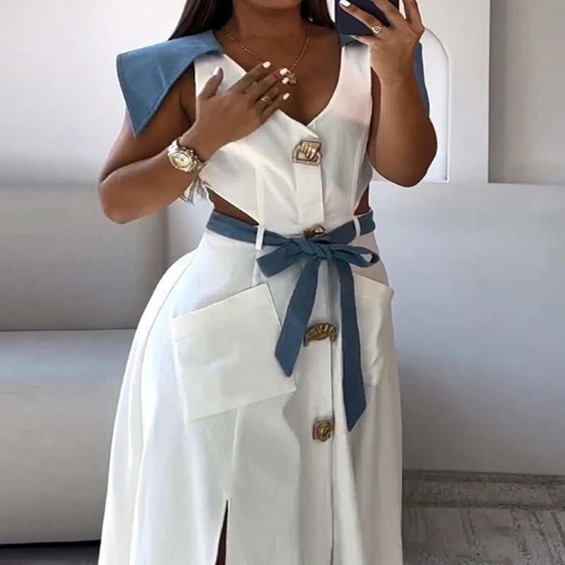 Women Single Breasted Hollow Waist High Street Dress New Pockets Pleat Dress Lady Fashion Contract Color Office long Dress 2025 - She Vibess By C2P