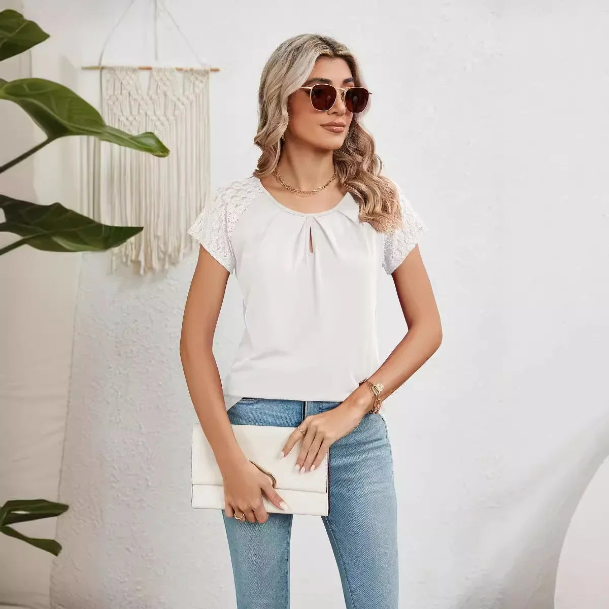 2025 New Women Summer Top Solid Round Neck Lace Patchwork Short Sleeved T-shirt Top Casual Tops Unique Tees Women's Clothing - She Vibess By C2P