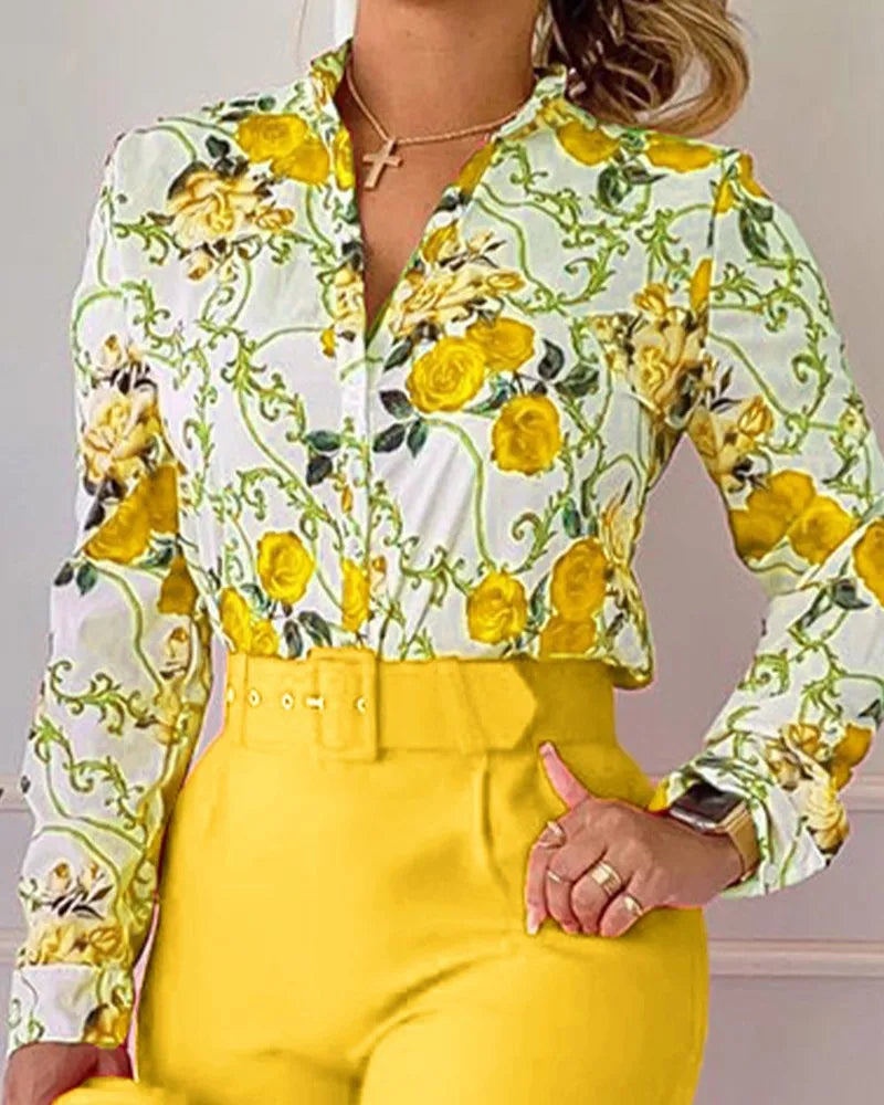 Autumn Winter Stand Neck Floral Print Long Sleeve Shirt Pants Two Piece Sets Elegant Women Casual Shirt Trousers Suits With Belt - She Vibess By C2P