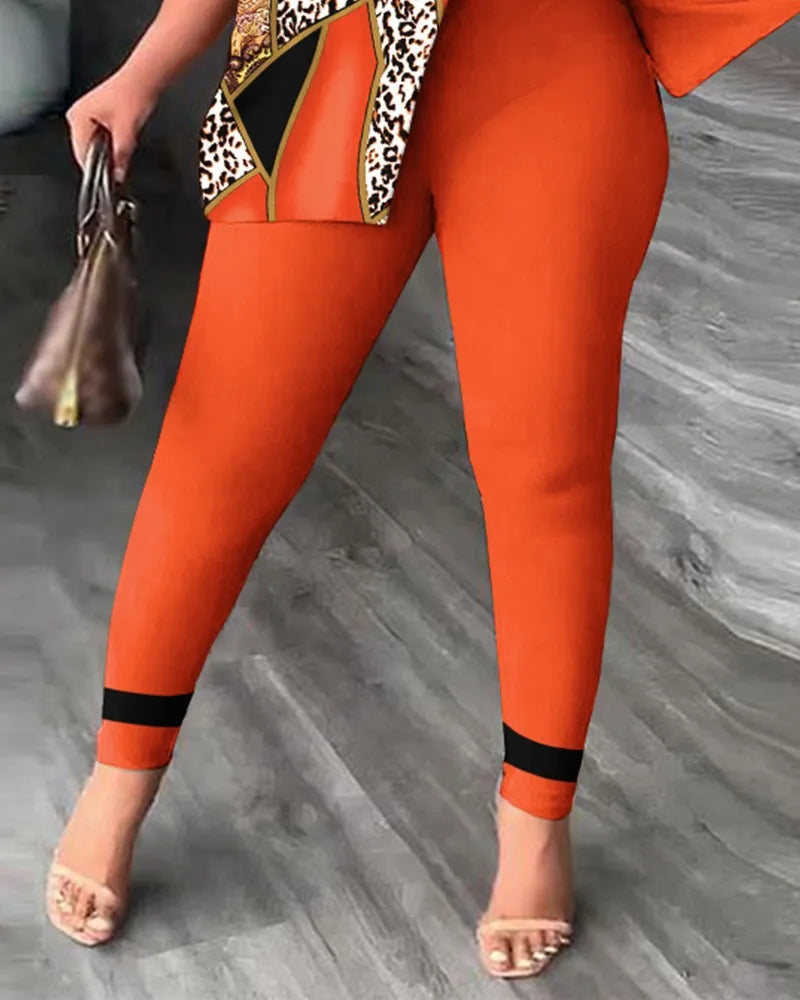 Elegant Women Two Piece Set Suits New Fashion Printed Ruffle Sleeve Top Solid Color Pants Set With Belt Blouses Female Clothing - She Vibess By C2P