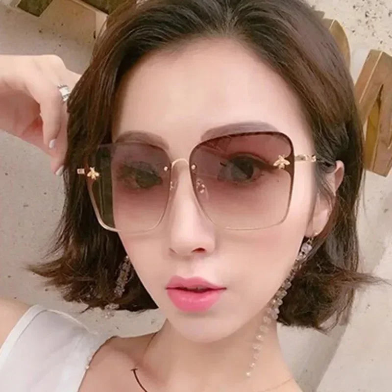 2024 New Fashion Lady Oversized Rimless Square Bee Sunglasses Women Men Small Glasses Gradient Sun Glasses Female UV400 - She Vibess By C2P