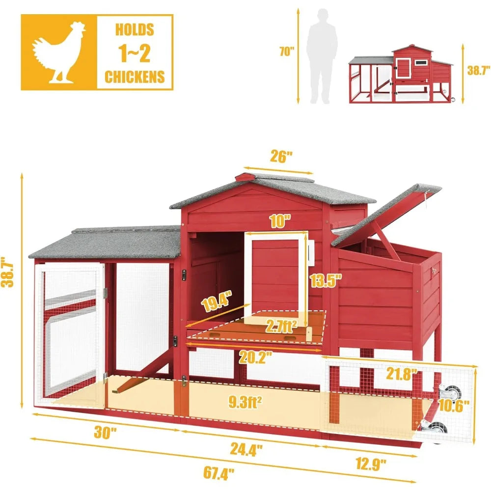 136" Chicken Coop with Wheels, Backyard Wooden Hen House Outdoor for 1-6 Chickens, 2 Story Poultry Cage Chicken Coop and Run, Ne - She Vibess By C2P