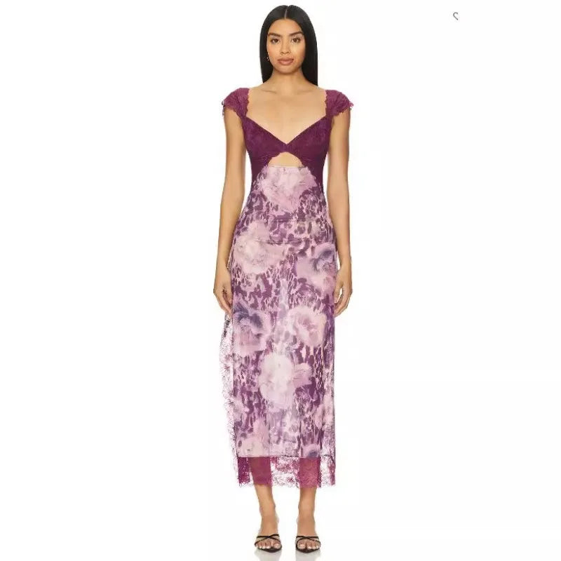 Summer New Lace Backless Shoulder Strap Splicing Slit Pattern Long Dress Women's Clothing - She Vibess By C2P