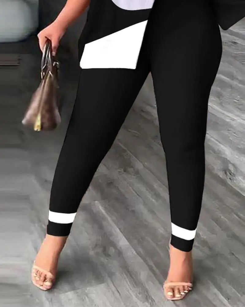 Elegant Women Two Piece Set Suits New Fashion Printed Ruffle Sleeve Top Solid Color Pants Set With Belt Blouses Female Clothing - She Vibess By C2P