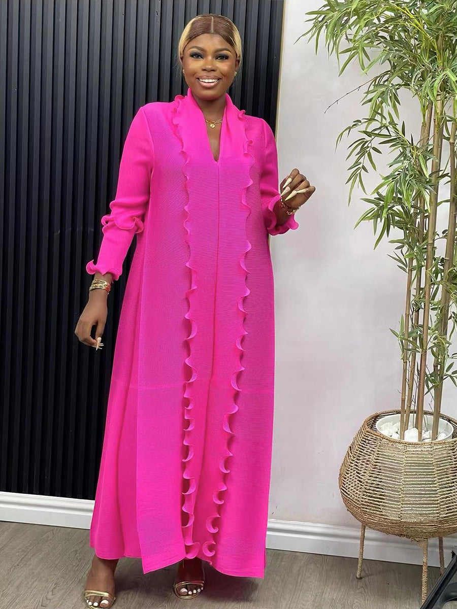 EGRM Miyake Pleated Maxi Long Dress Solid Ruffles Full Sleeve with Belt Formal Dresses for Women 2024 Summer New Hot Sales 8R295 - She Vibess By C2P