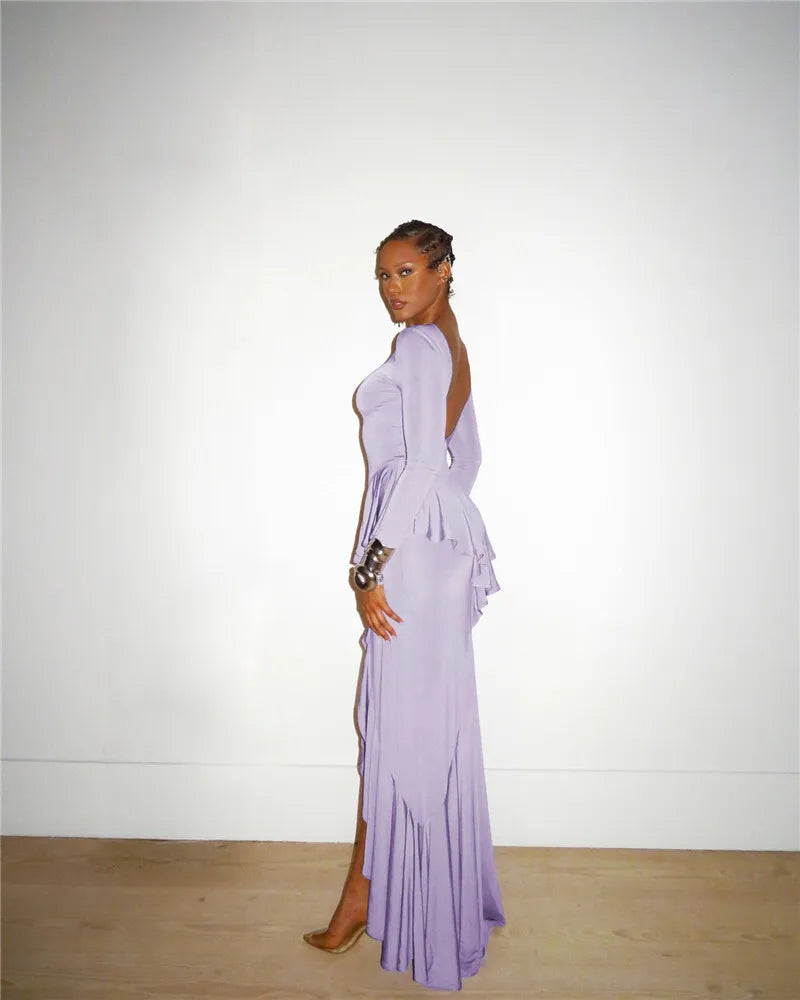 Mozision Backless Ruffled Sexy Maxi Dress For Women Gown Fashion O Neck Long Sleeve Thigh High Split Evening Long Dress Elegant - She Vibess By C2P