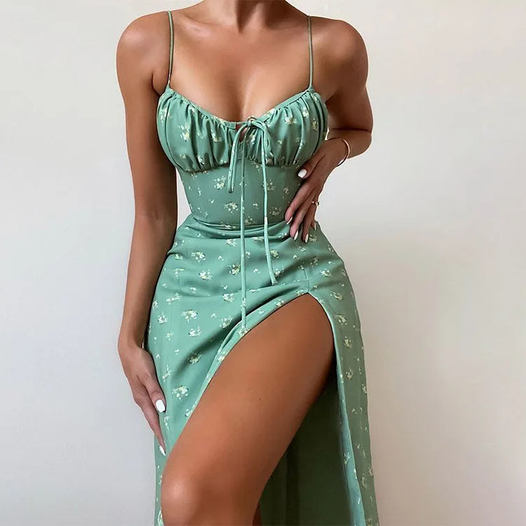 Flower Printed Spaghetti Strap Dresses For Women Sexy Low Cut Beach Party Slim Slit Dress Chic Bodycon Lady Sleeveless Vestidos - She Vibess By C2P