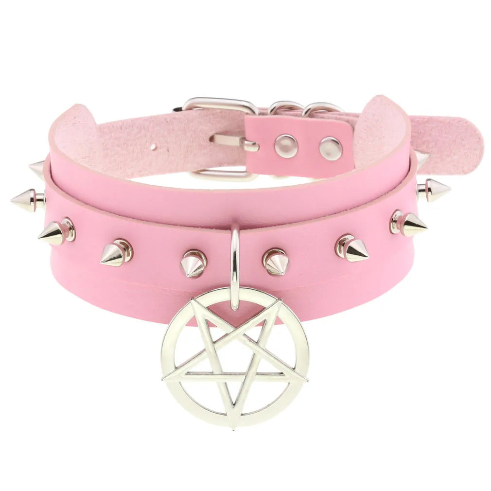 DIEZI Harajuku Pink PU Leather Star Heart Flower Choker Necklace Torques For Women Men Gothic Pink PU Leather -I’m Over 21 - She Vibess By C2P