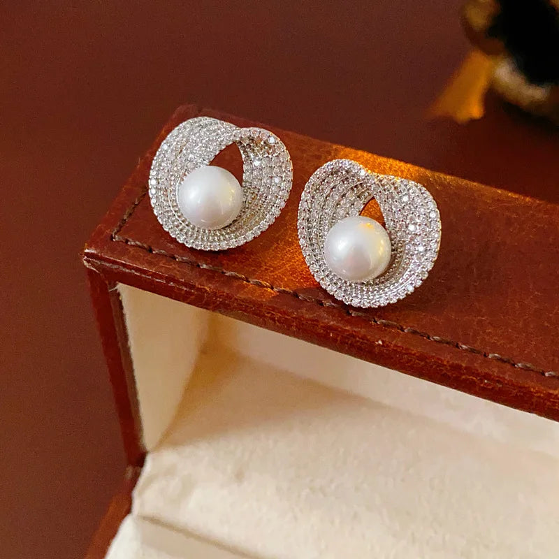 Zircon Round Pearl Earrings for Women Personality Irregular Stud Earring Temperament High Sense Simple Jewelry Wedding Girl - She Vibess By C2P