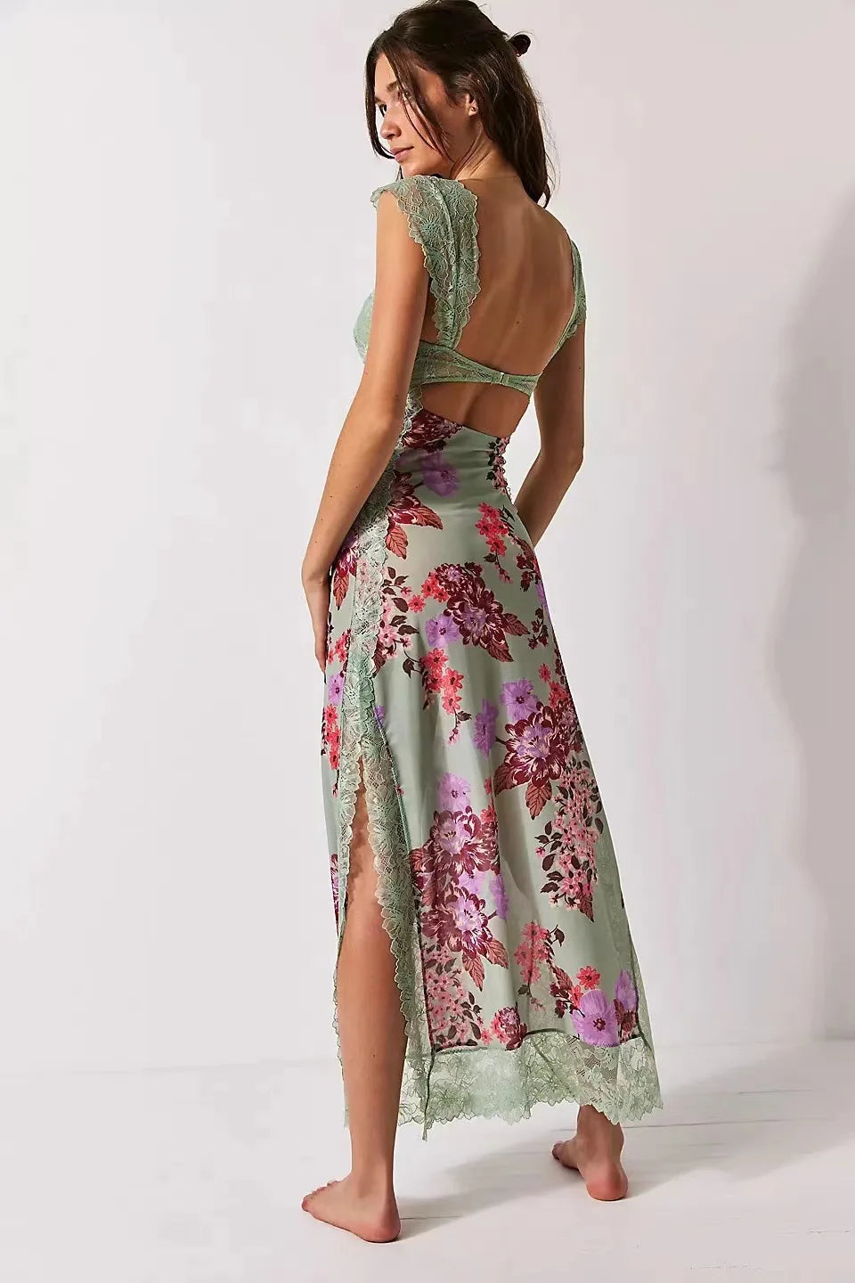 Summer New Lace Backless Shoulder Strap Splicing Slit Pattern Long Dress Women's Clothing - She Vibess By C2P