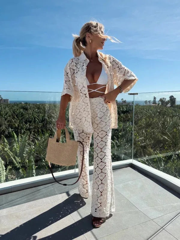 Fashion Lace Two Piece Set Lady Loose Lapel Half Sleeved Single Breasted Shirt Casual Trousers Suit Sexy Hollow Women Clothing