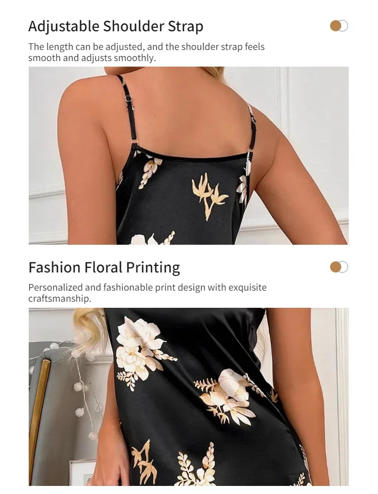 Women Nightwear Home Clothes Sexy Black Floral Printing Nightdress Sleepwear Nightshirts Silk Sleepshirts Nightgowns For Woman - She Vibess By C2P