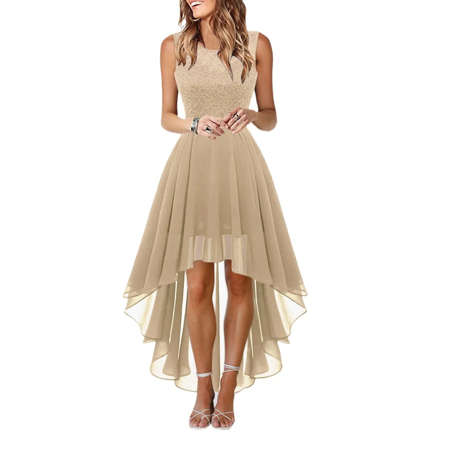 Spring Summer 2025 Hollow out Waist Cinched Lace Evening Dress Midi Skirt Sleeveless round Neck Polyester Fabric Empire Waist - She Vibess By C2P