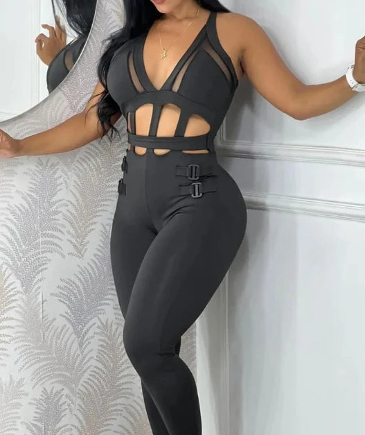 Women's jumpsuit 2025 summer new sleeveless new fashionable hollow camisole buckle comparison mesh tight jumpsuit - She Vibess By C2P