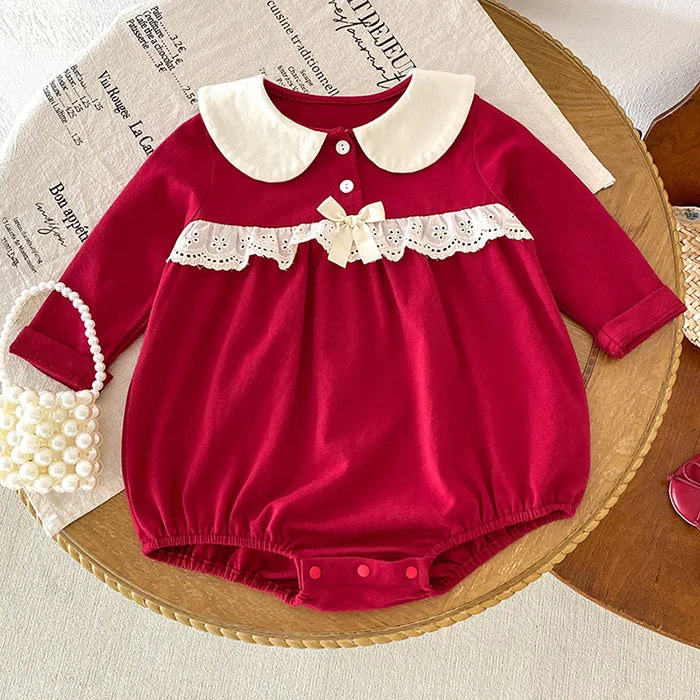 2024 New Autumn Christmas Newborn Baby Girls Long Sleeved Cotton Splicing Infant Baby Jumpsuit 0-24M Children Clothes - She Vibess By C2P