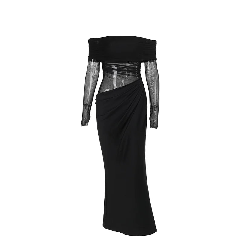 Y2k Summer New Solid Color Long Sleeve Off Shoulder Dresses Sexy Wrap Hip Mesh See Through Ruched Patchwork Long Dress 2024 New - She Vibess By C2P