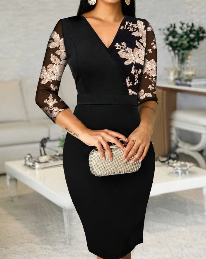 2023 Autumn Winter Spring New Fashion Casual Elegant Evening Party Dresses for Women Sexy Contrast Sequin V-Neck Bodycon Dress - She Vibess By C2P