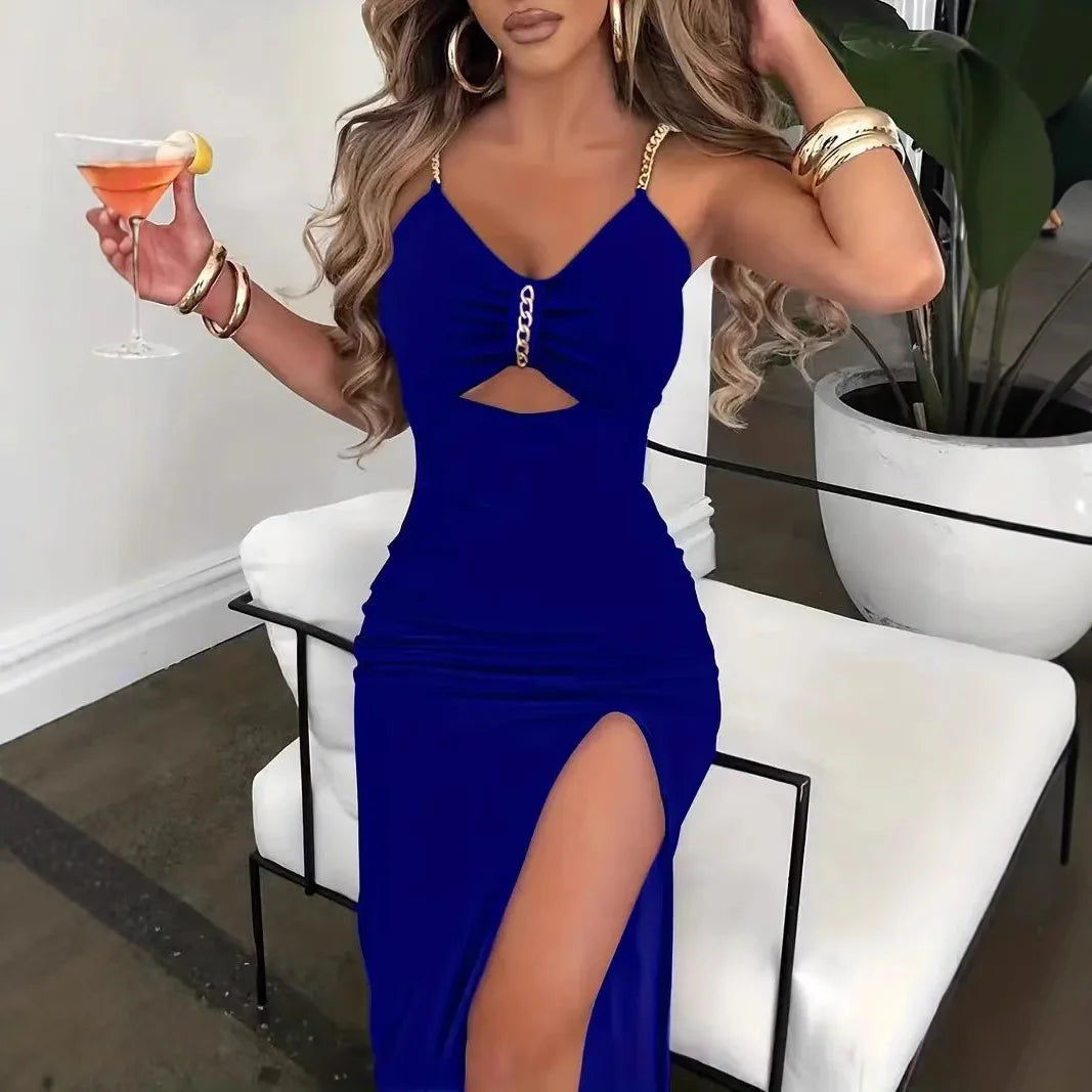 Slip Dress Women Sexy Sundress Split Chain Hollow Out V Neck Sleeveless Maxi Gown Bodycon Vestidos Party Sheath Dresses 2025 - She Vibess By C2P