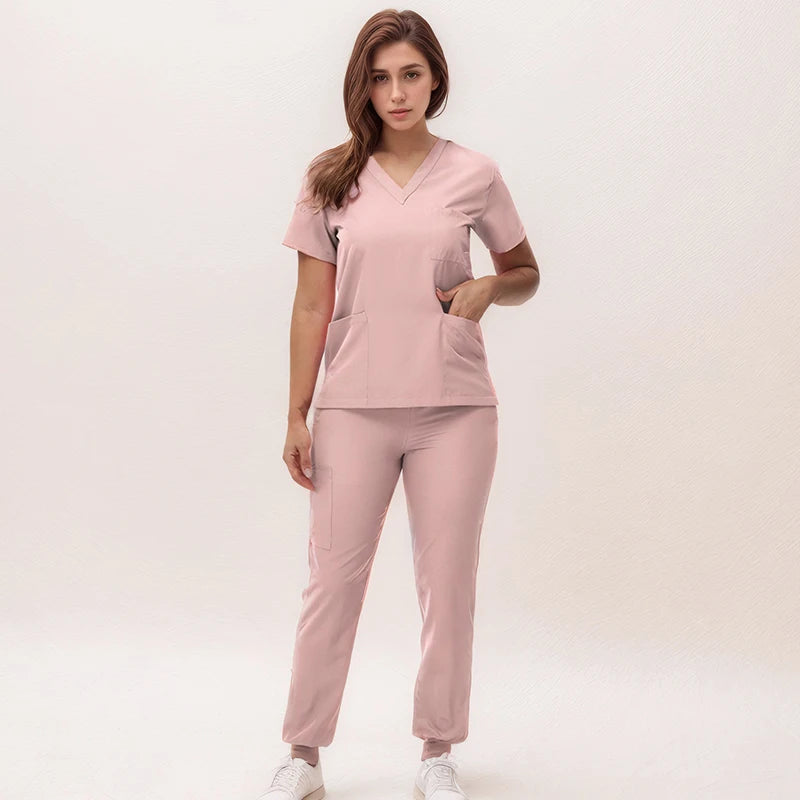 2025 New Nurse Uniforms V-neck Top Jogger Pants Scrub Sets Surgical Workwear Dentist Nursing Suit Hospital Doctor Outfit S21 - She Vibess By C2P