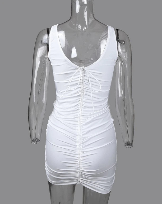 Womens Dresses 2024 Summer Fashion V-Neck Drawstring Ruched Backless Sexy Plain Sleeveless Bodycon Mini Night Out Dress - She Vibess By C2P