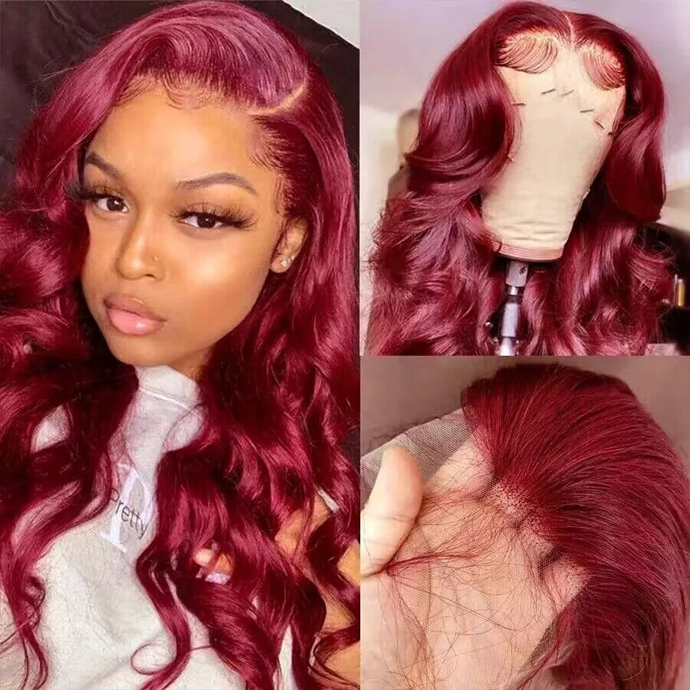 200 Density 99J Burgundy 30 36 Inch HD PrePlucked Transparent Remy Body Wave 13x4 13x6 Lace Frontal Wig Human Hair For Women - She Vibess By C2P