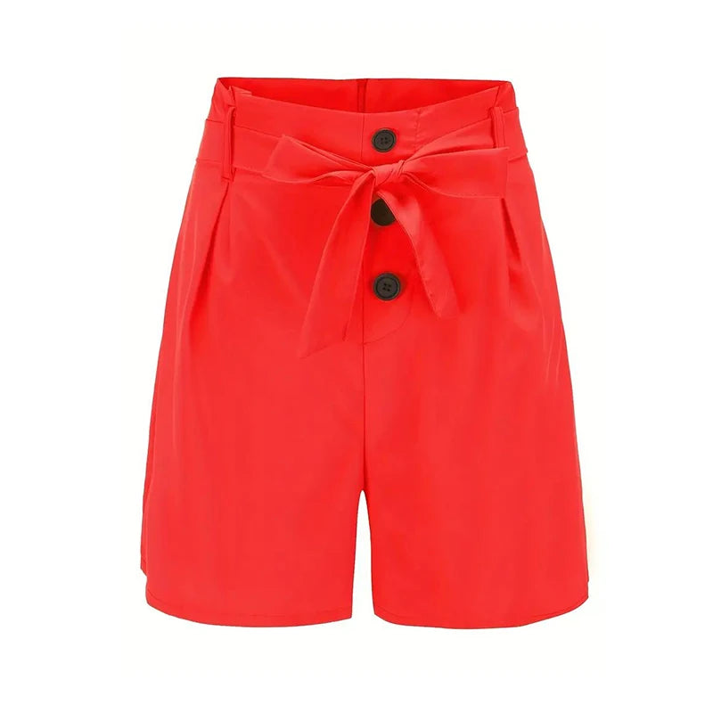 Y2K Solid Button Front Shorts Tie Waist Beach Summer High Waist Shorts Women's Clothing - She Vibess By C2P