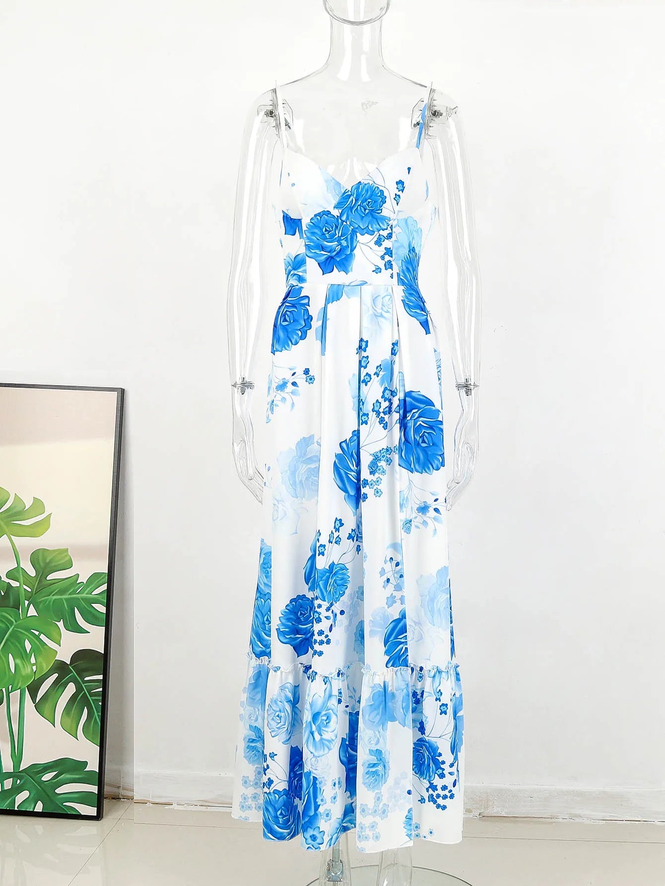 Summer Print Long Dress Women Clothing Lace Up Sling Party Dresses Pattern Strappy Ladies Hollow Out V-Neck Beach Vestidos - She Vibess By C2P