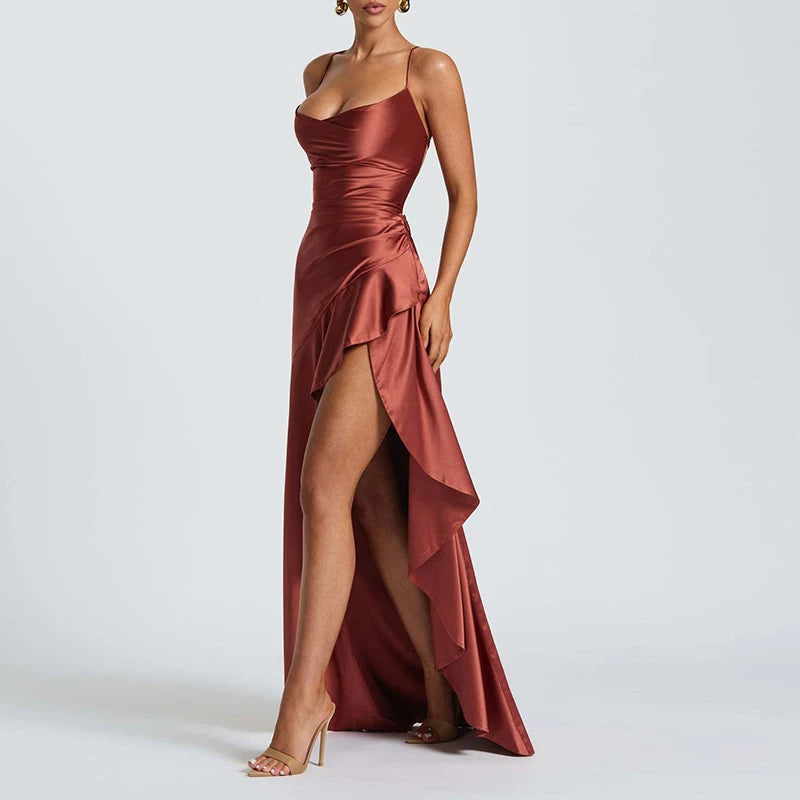 Sexy Slash Neck Slim Ruffle Banquet Dress Women Spring Backless Lace-up Long Irregular Dress Summer Sleeveless Hollow Maxi Dress - She Vibess By C2P