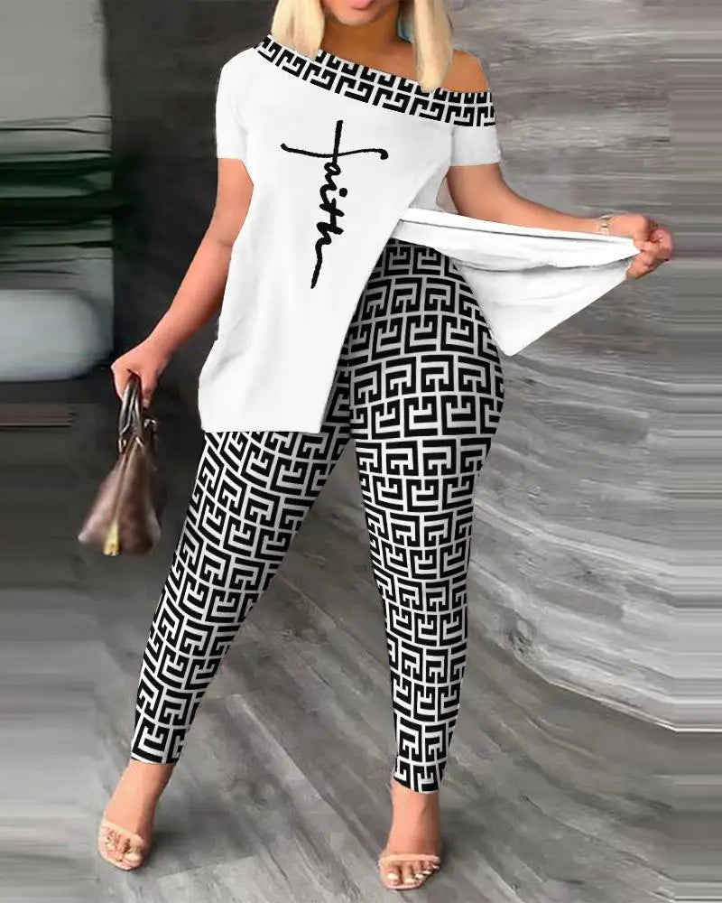Elegant Women Two Piece Set Suits New Fashion Printed Ruffle Sleeve Top Solid Color Pants Set With Belt Blouses Female Clothing - She Vibess By C2P