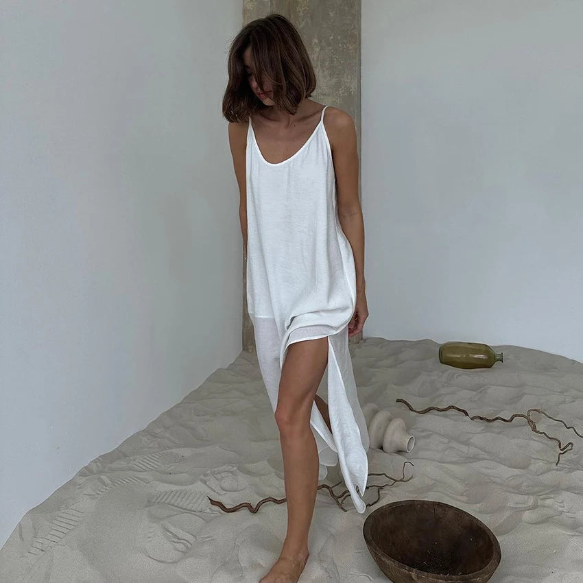 HiLoc Casual Loose White Long Dress Robe 2025 New Summer V Neck Dresses For Women Spring Sleeveless Straight Robes Nightgown - She Vibess By C2P