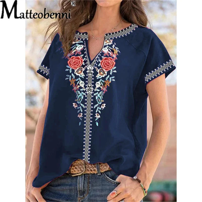 Summer Women Urban Leisure V Neck Print Short Sleeve T-Shirt Ladies Ethnic Style Casual Loose Boho Retro Harajuku Oversized Tops - She Vibess By C2P